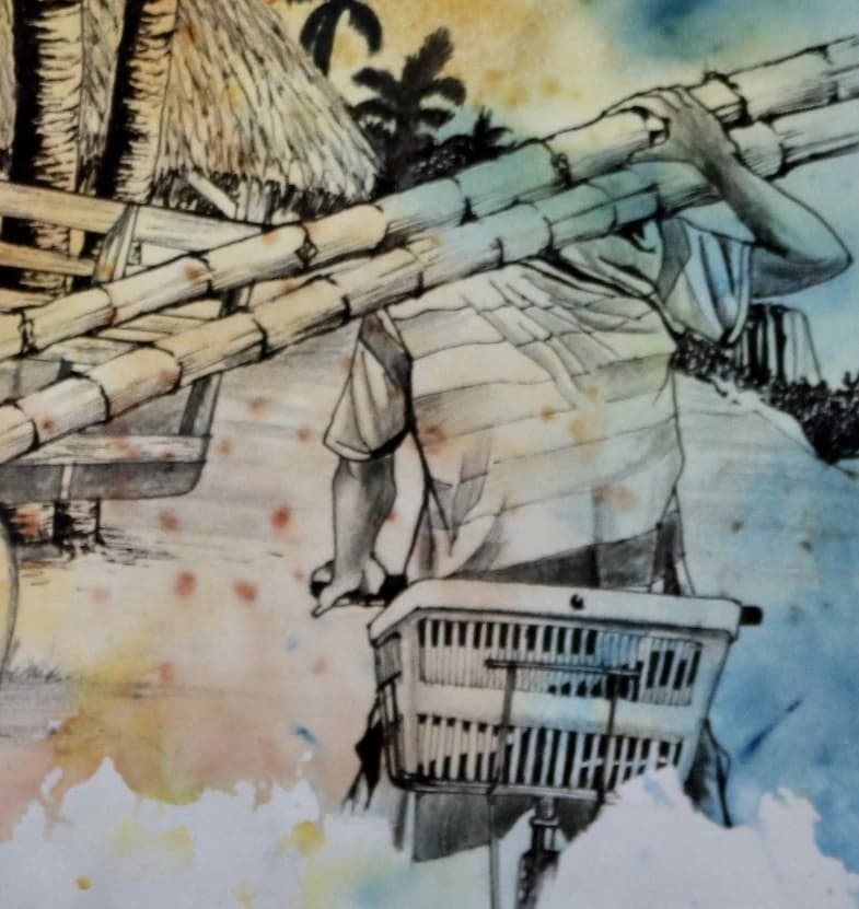 Detail of a fisherman with bamboo poles and a basket