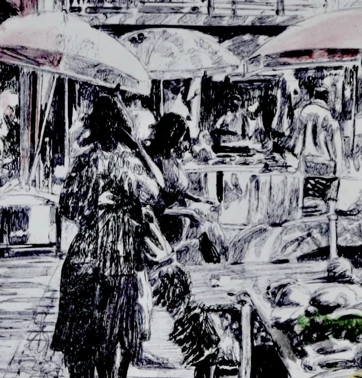 Detail of the market’s covered aisles and shoppers
