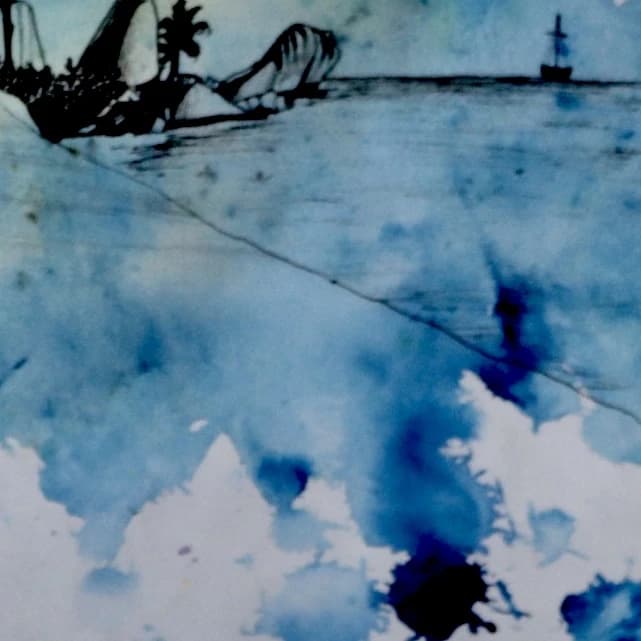 Blue watercolour detail of a quiet island shore