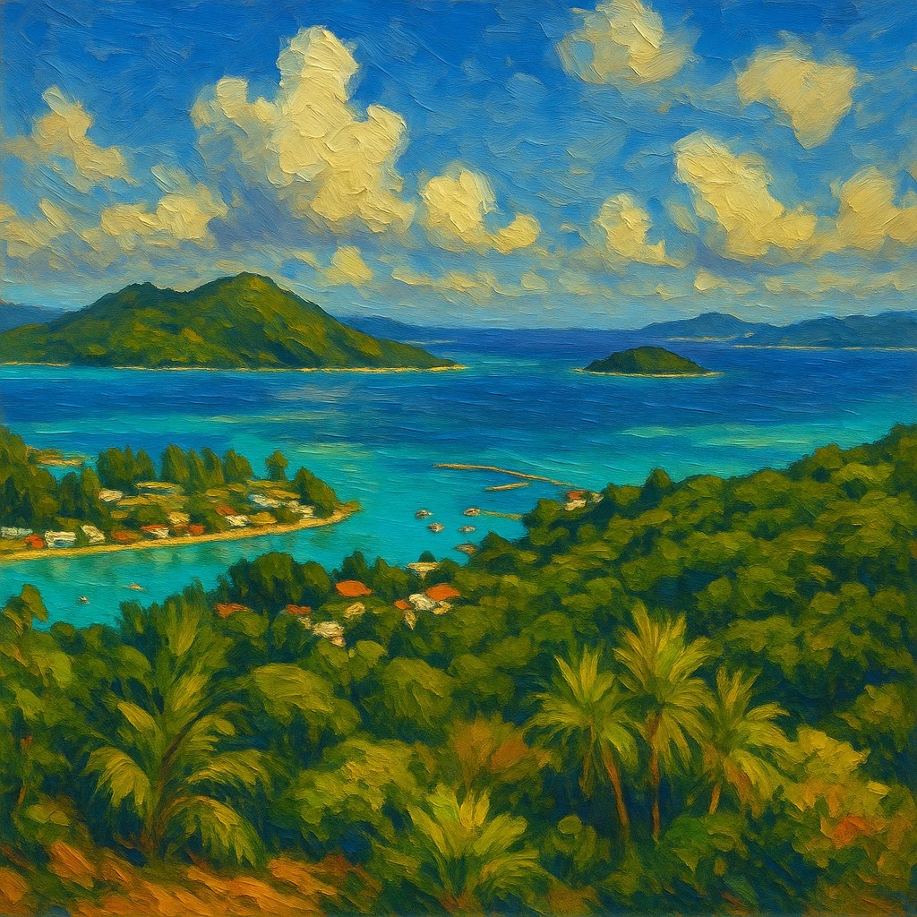 A square painting of green islands, blue sea, clouds and palms in thick brushstrokes
